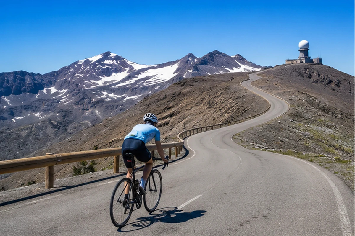 Ciclista ascendiendo al Pico Veleta en bicicleta por Sierra Nevada